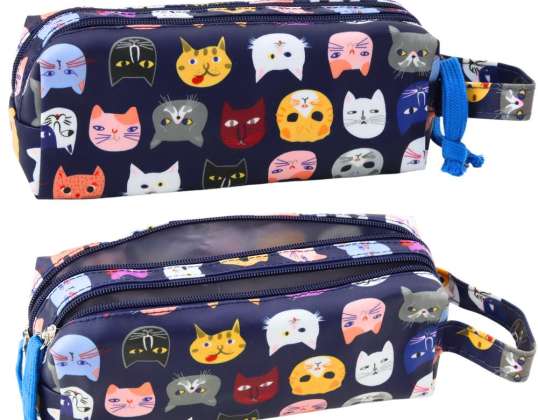 School pencil case colorful kittens two pockets navy blue 22cm
