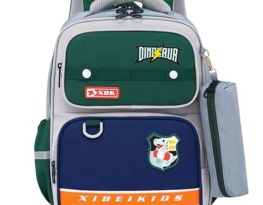 Schulrucksack Dinosaurier Patches mit Federmäppchen grau 16L