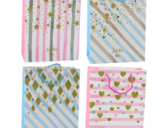 Geschenkpapier Tasche Blau Rosa Glitzer 23 x 18 x 10.5 cm