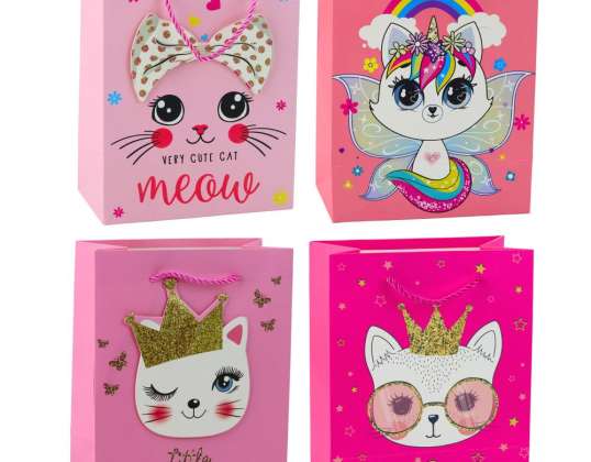 Geschenkpapier Tasche Katze Glitzer Rosa 23 x 18 x 10.5 cm