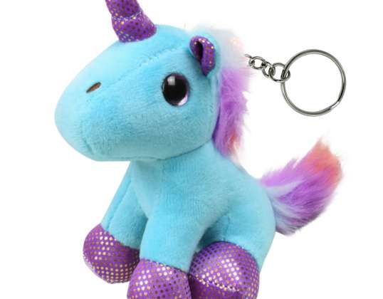 Plüsch Einhorn Schlüsselanhänger Metall Kreis Blau 12cm