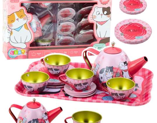 Kaffee Tee Set für Kinder Kätzchen aus Metall Rosa 15el