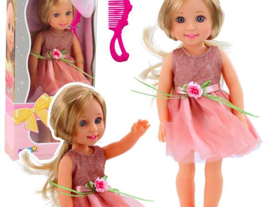 Muñeca en Vestido con Lazo Pelo Largo Peine Rosa 38cm