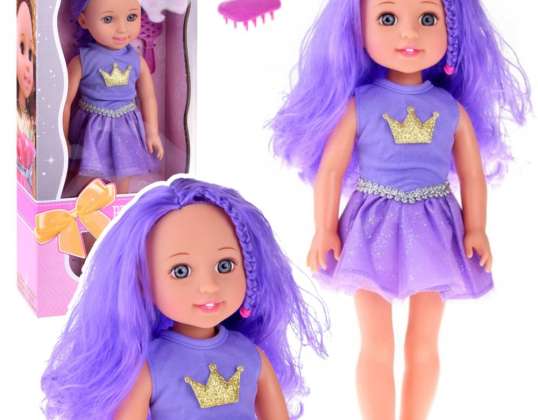 Doll in Dress with Crown Long Hair Purple Brush 38cm