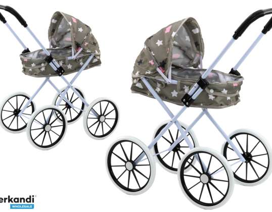 Puppenwagen Große Räder Faltbar Sterne Wolken Grau 60cm