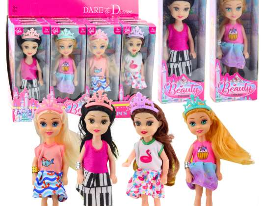 Mini prinsesse dukke med krone fargerik kjole 14cm mix