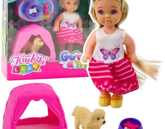 Mini poppenset met hond, tent en accessoires