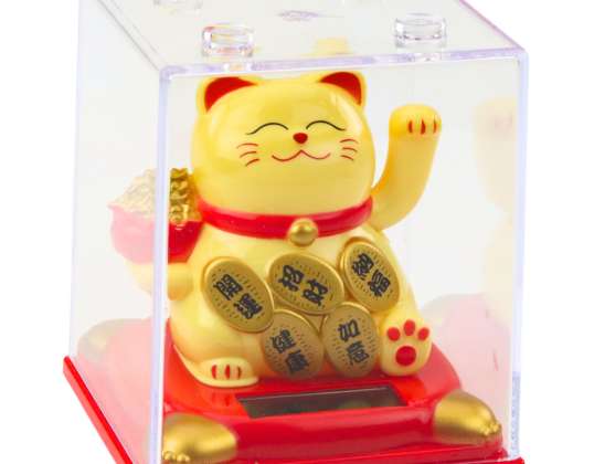 Gato da sorte chinês no caso de exibição Solar Figurine Ornament bege