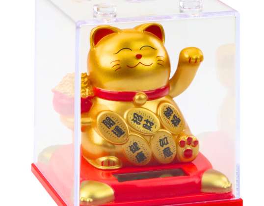 Figurine solaire décorative en forme de chat porte-bonheur chinois doré dans une vitrine