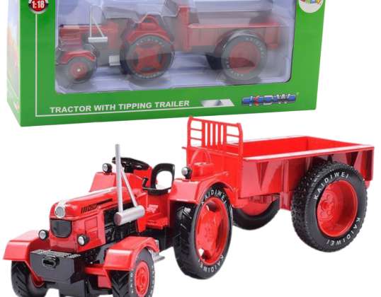 Trator agrícola de metal com reboque vermelho 1:18