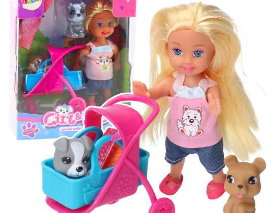 Mini Doll Stroller Carrier Dogs Set Gray Brown