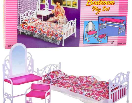 Puppenmöbel Set Bett Schminktisch Stuhl Blumenbettwäsche