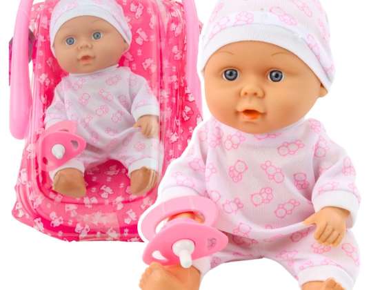 Babypop in een draagzak pyjama muts fopspeen roze