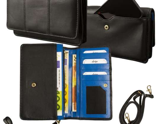 Große Damenbörse/Umhängetasche - Smartphonefach außen - Lamm Nappa Leder schwarz/blau