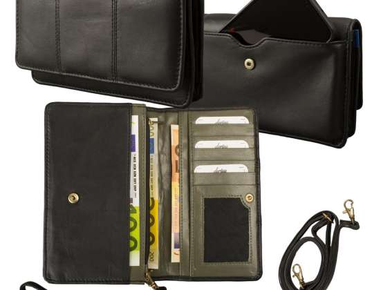 Große Damenbörse/Umhängetasche - Smartphonefach außen - Lamm Nappa Leder schwarz/olive