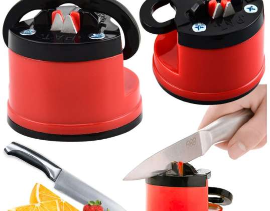 Knife and Scissors Sharpener with Suction Cup Locking Lever Red