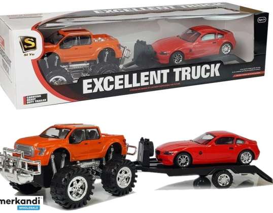 Jármű szett narancssárga monster truck piros BMW vontató 58 cm