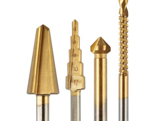 Stufenbohrer 4 12 mm. Reibahle 12,4 mm. Fräsbohrer 6x90 mm. Senker 8 20 mm.TiN