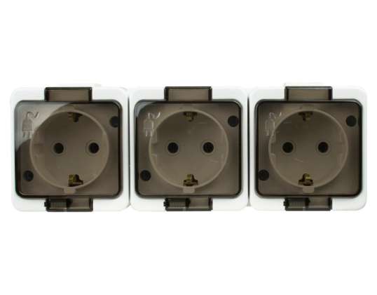 Dreifachsteckdose 3x 2P Z SCHUKO spritzwassergeschützt mit Rauchdeckel IP44. SMART. weiß
