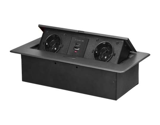 Ingebouwd meubelstopcontact met vlak gefreesde rand en USB-oplader. 2x2P Z Schuko. 2xUSB type A C; 3,6A. grafiet