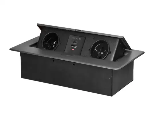 Ingebouwde meubelaansluiting in werkblad met vlakke gefreesde rand en USB-oplader. 2x2P Z. 2xUSB type A C; 3.6A. grafiet