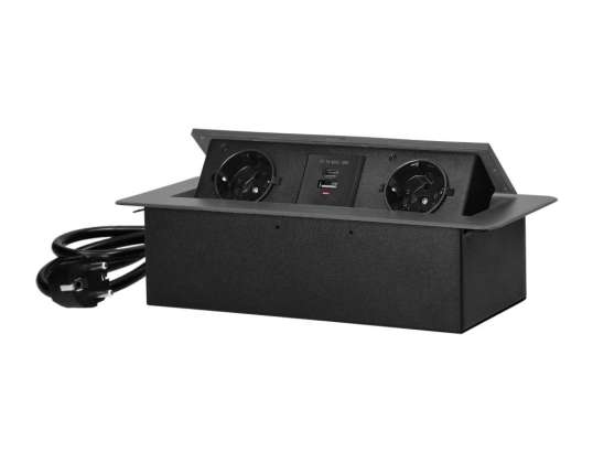 Recessed furniture socket in countertop with flat milled edge. USB charger and 1.5m cable. 2x2P Z Schuko. 2xUSB type A C; 3.6A. graphite.