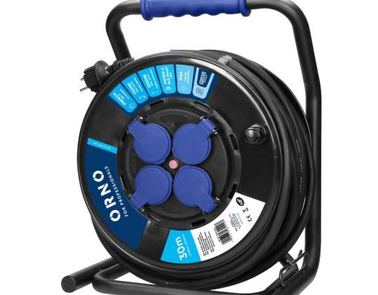 Professional drum extension cable IP44. 4 sockets 2P+Z (Schuko). Oil-resistant rubber cable. H07RN-F 3x2.5mm?. Length 20m. Unique stand.