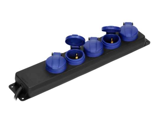 Câble d’extension d’atelier étanche aux éclaboussures IP44. 5 prises 2P avec IP44. Schuko. tuyau en caoutchouc. H05RR F 3x1.5mm ?. Longueur 3m
