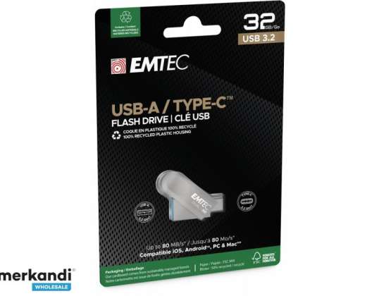 Emtec USB Flash Drive 32GB D280 Dual USB A &amp; USB C 3.2