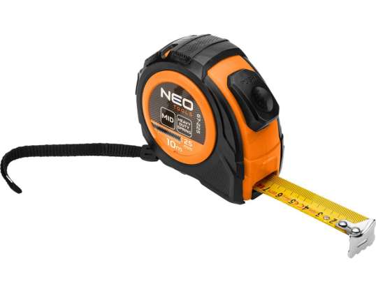 Cinta métrica de acero 10 m x 25 mm. Bloqueo automático. Dos botones de parada