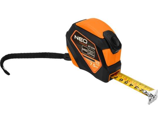 Steel tape measure 7.5 m x 25 mm. auto lock. stop button. magnet