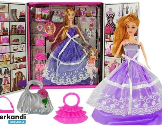 Puppe Lila Kleid Abschlussball Handtasche High Heels Schmuck