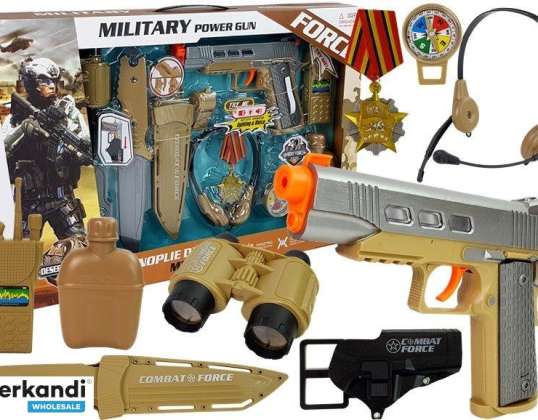 Militär Set mit Zubehör Pistole Messer Fernglas Kopfhörer Pfeife Walkie-Talkie Hellgrün