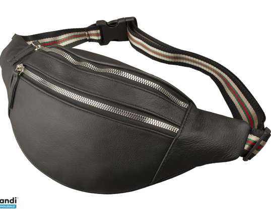Bauchtasche mit Metallreißverschlussoptik - Rind Leder schwarz