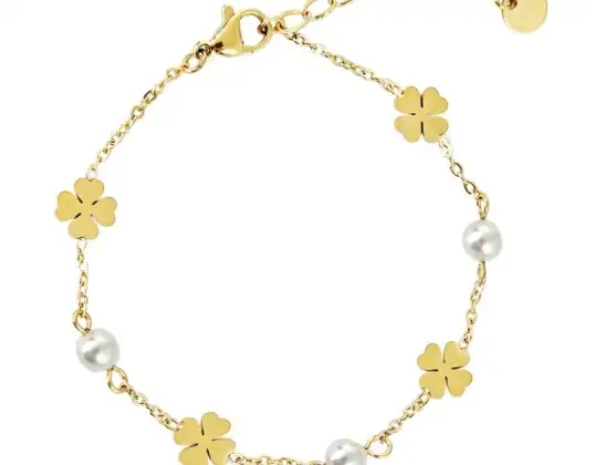14k vergulde chirurgisch stalen armband, klavertjes, parels BST1535