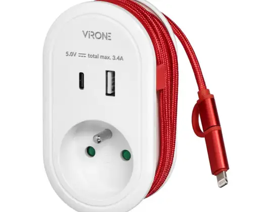 Adaptateur avec chargeur USB et câble de charge type C Lightning. 1x2P Z. 2xUSB Type A C. max 3,4A