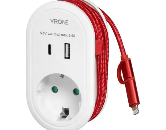 Adaptateur avec chargeur USB et câble de charge type C Lightning. 1x2P avec Schuko. 2xUSB type A C. max 3.4A