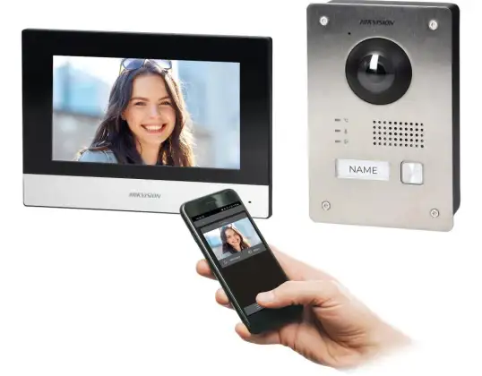 HIKVISION DS KIS703 P 2-leder enfamilie-videointercom-sett med 7&quot; skjerm og Full HD-kamera og appkontroll. utenpåliggende montering