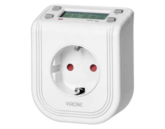 Elektroniskais taimeris ar augšējo LCD displeju. 230 VAC 3680W. 16 pārslēgšanas punktu. Klātbūtnes simulators. Schuko versija
