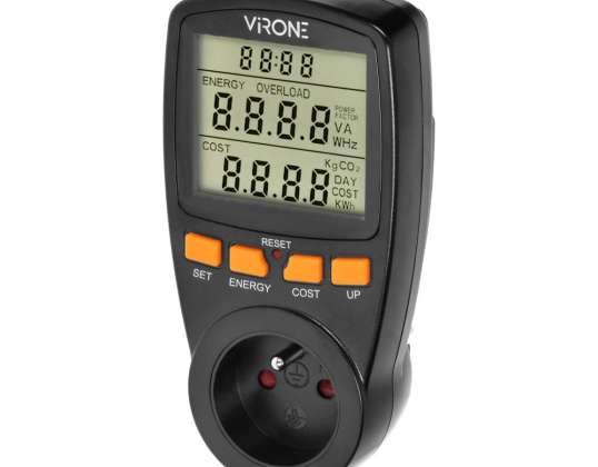 Single tariff wattmeter, energy calculator with LCD display, one tariff, built-in battery, black