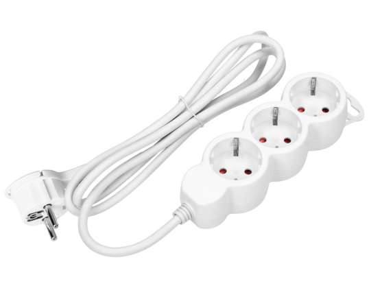 Extensión triple 2P+T Schuko. 3m H05VV F 3x1,5mm2. Imax=16A. Enchufe plano. Blanco