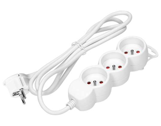 Verlängerungskabel 3-fach 2P Z. 1.5m H05VV F 3x1.5mm2 . Imax=16A. flacher Stecker. weiß
