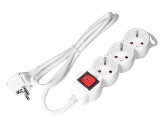 3-way extension lead 2P+Z Schuko with switch, 1.5m H05VV-F 3x1.5mm2, Imax=16A, flat plug, white