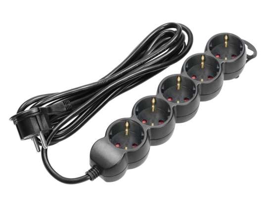 5-gang 2P extension cord with Schuko . 3m H05VV F 3x1.5mm2. Imax=16A. flat plug. black