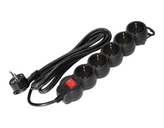 5 lizdų ilginamoji 2P+Z Schuko su jungikliu 5m H05VV-F 3x1,5mm2 Imax=16A plokščia kištukas juodas