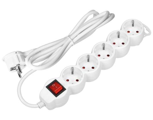 Multiprise 5 prises 2P+Z Schuko avec interrupteur 5m H05VV-F 3x1,5mm2 Imax=16A prise plate blanche
