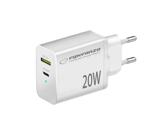 EZC105W Esperanza wall charger 20w usb c pd 20w / usb a qc 3.0 18w white