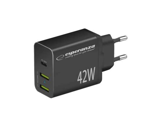 Сітковий зарядний пристрій EZC106K Esperanza 42W USB-C PD 30W / 2x USB-A 12W