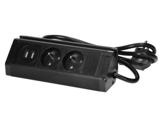 Doppeltes Möbel-Ladegerät mit USB-Anschluss, Telefonhalterung und 1,5 m Kabel. 2x2P Z.  2xUSB Typ A. 2,4A. schwarz