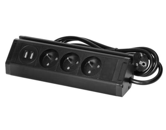 Dreifach-Möbelsteckdose mit Handyhalterung, USB-Ladegerät und 1,5 m Kabel, 3x2P+Z, 2xUSB Typ A, 2,4A, schwarz